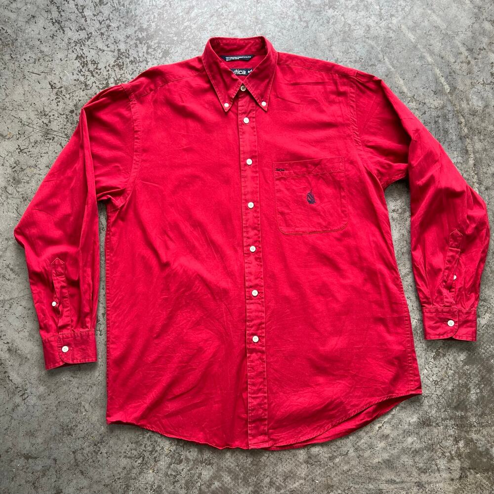 Vintage Nautica Red Button Down Shirt Mens Medium Oversized Cotton Long Sleeve
